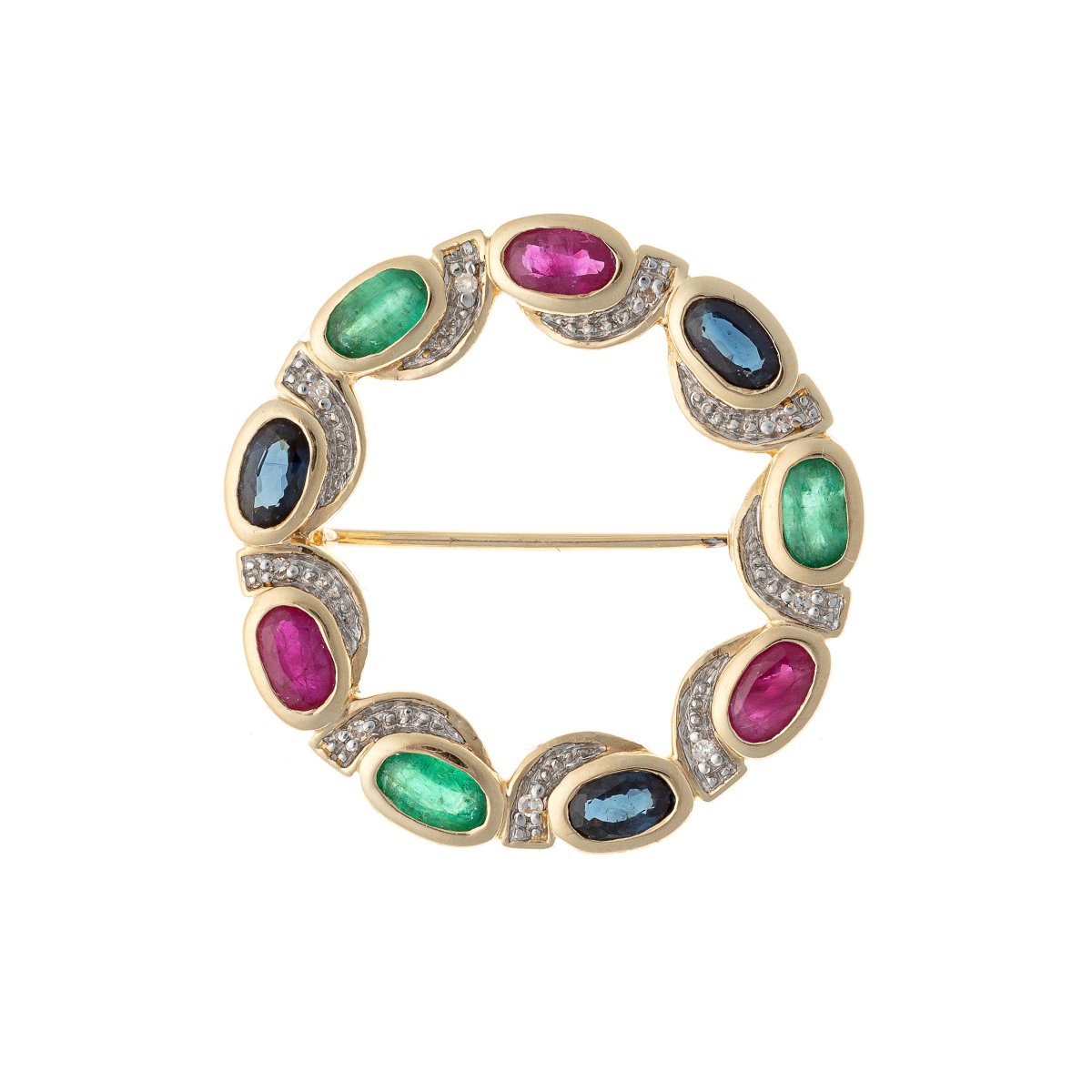 Broche en or 14k ornée de saphirs, rubis, émeraudes et diamants