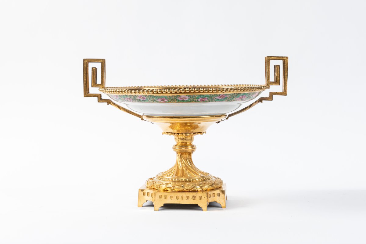 Centre de Table en bronze dore et porcelaine de Canton, Chine,  XIXeme-photo-2