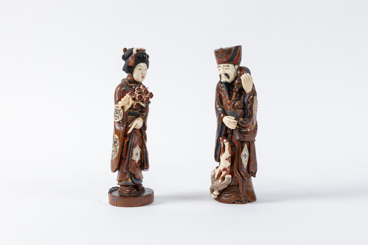 Wooden And Bone Figurines, Chinese Craftsmanship, 20th Century-photo-2