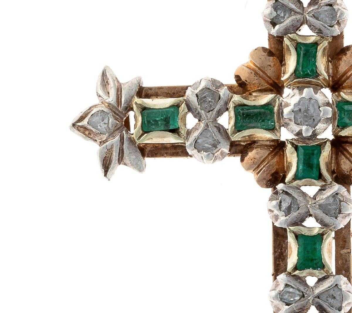 Pendentif "Croix" en or 18k et argent 925 orné d'émeraudes et de diamants-photo-2