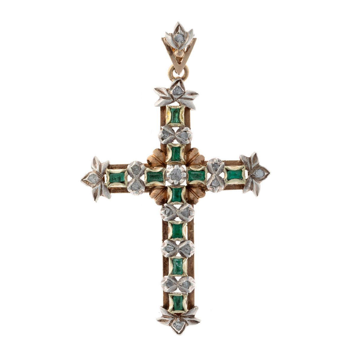 Pendentif "Croix" en or 18k et argent 925 orné d'émeraudes et de diamants