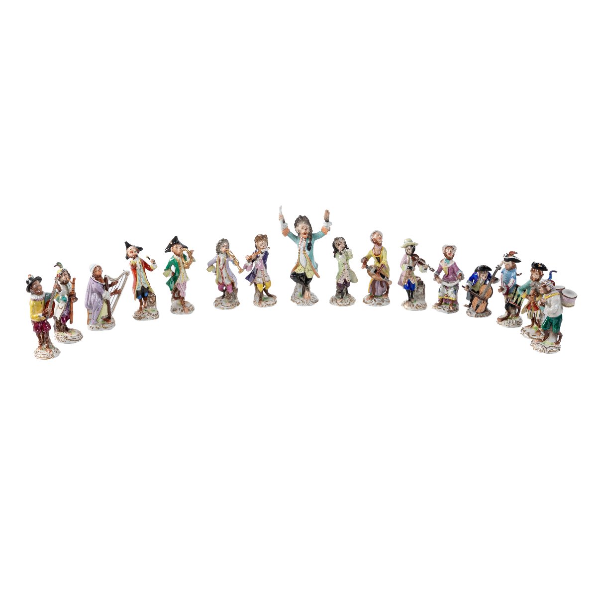 grand orchestre de 16 singes figurines en porcelaine de Volkstedt, Allemagne, 20eme-photo-2