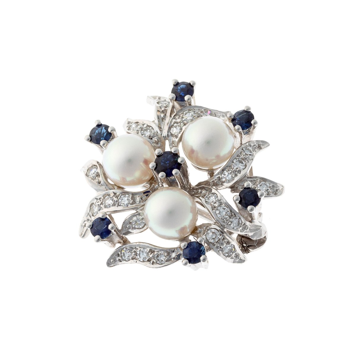 Broche en or blanc 14k ornée de perles, de saphirs et de diamants-photo-4