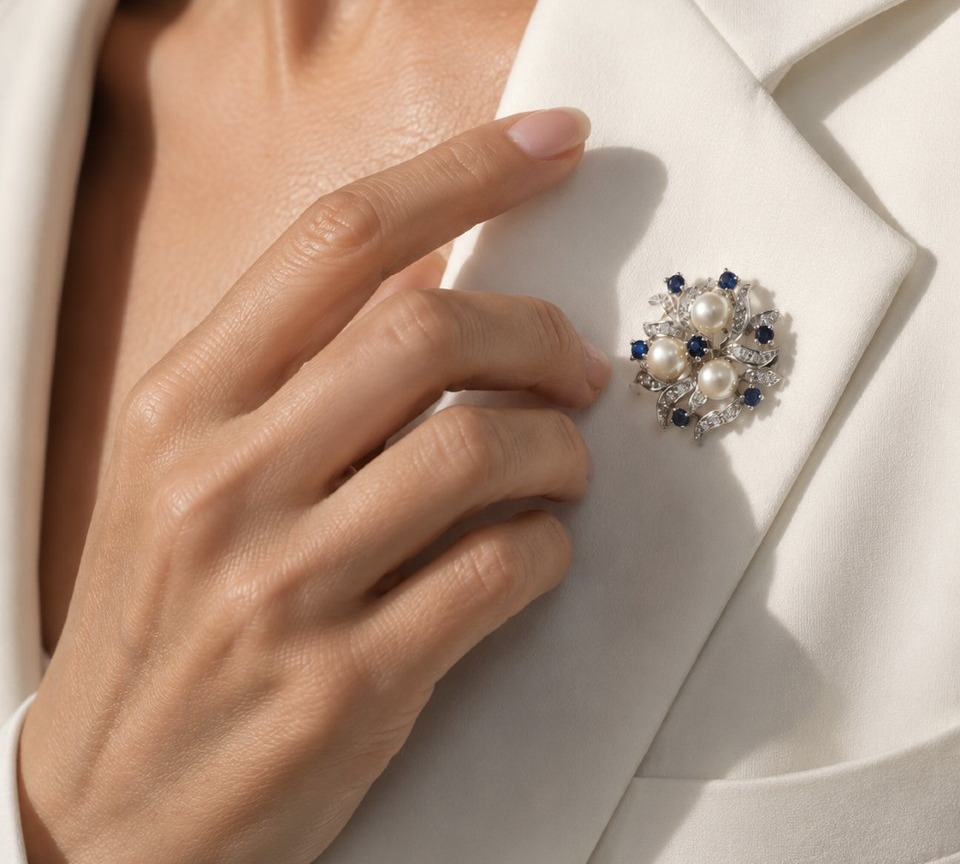 Broche en or blanc 14k ornée de perles, de saphirs et de diamants