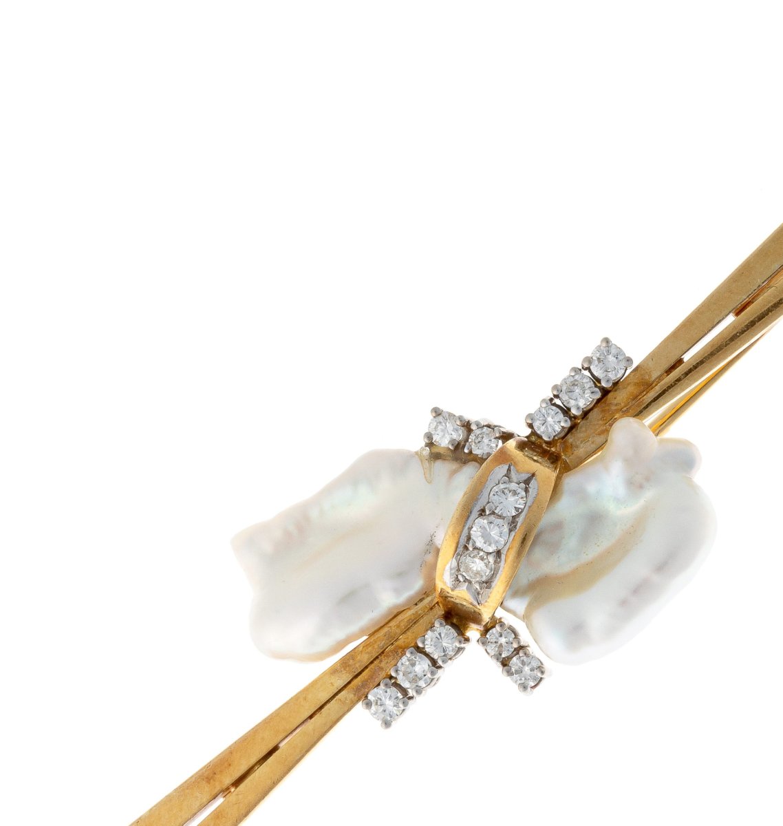 18k Gold Brooch Adorned With A "dragon's Tooth" Pearl And Diamonds