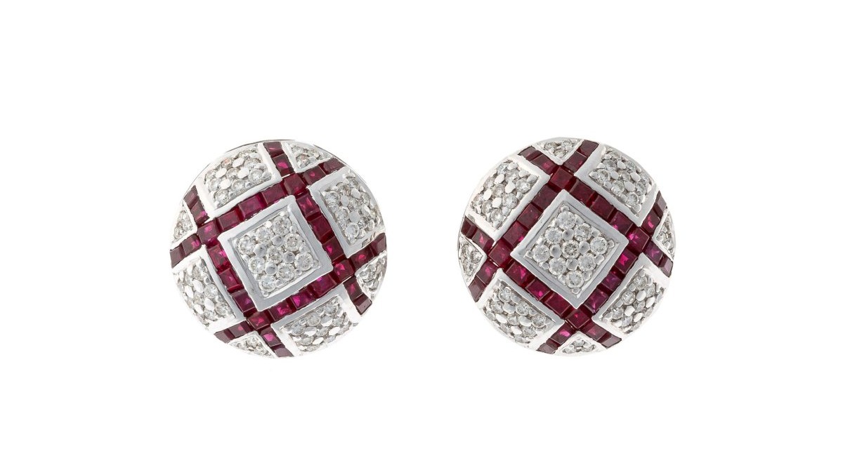 18k White Gold Earrings Set With Diamonds And Rubies-photo-2