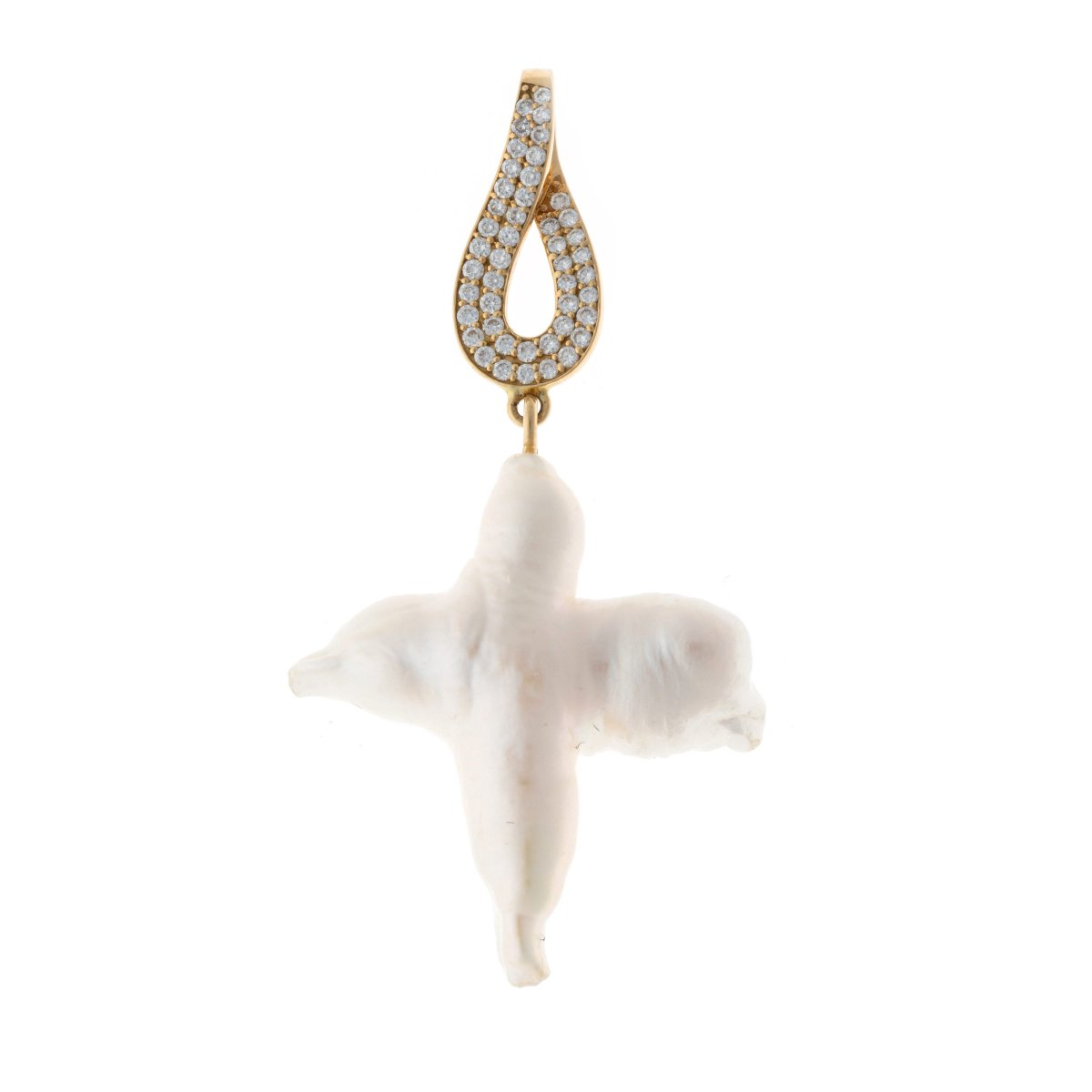 18k Gold Pendant Featuring A Cross-shaped Baroque Pearl And Diamonds-photo-2