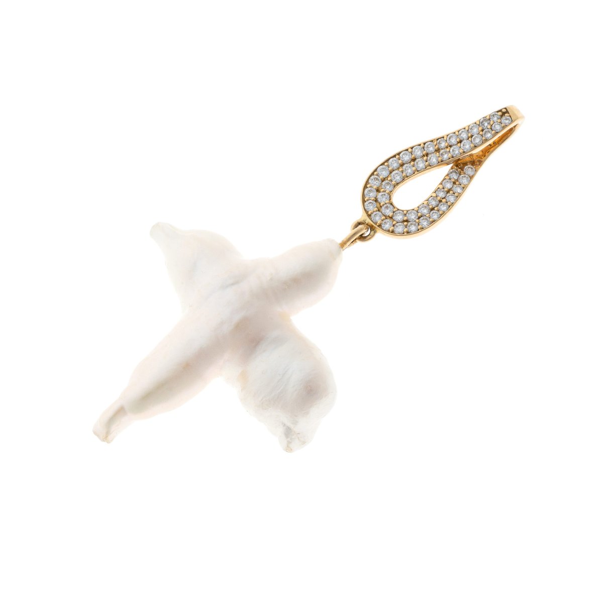 18k Gold Pendant Featuring A Cross-shaped Baroque Pearl And Diamonds-photo-4
