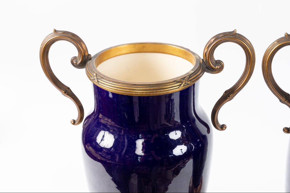 Pair Of Earthenware Vases Decorated With Gilded Bronze; French Craftsmanship, Early 20th Century-photo-2