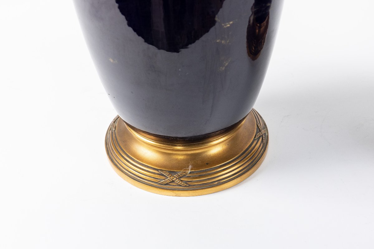Pair Of Earthenware Vases Decorated With Gilded Bronze; French Craftsmanship, Early 20th Century-photo-3