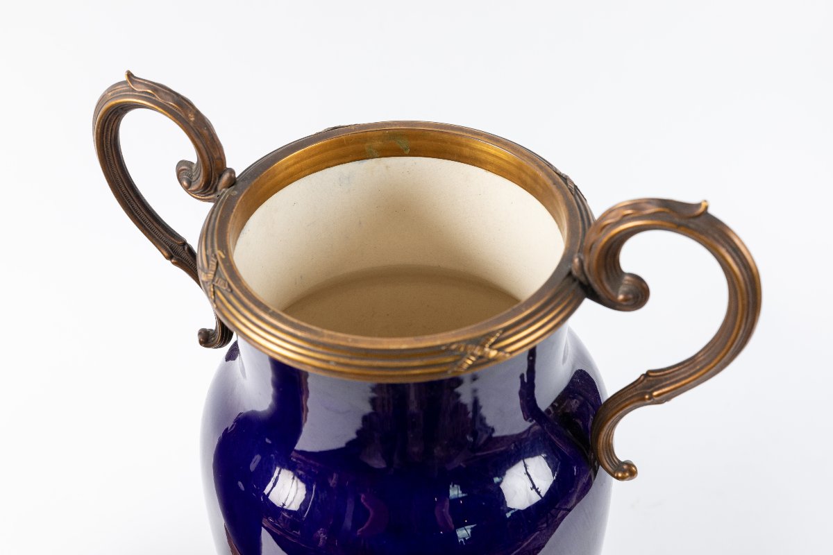 Pair Of Earthenware Vases Decorated With Gilded Bronze; French Craftsmanship, Early 20th Century-photo-1