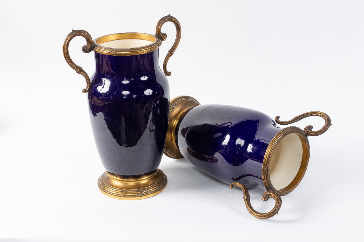 Pair Of Earthenware Vases Decorated With Gilded Bronze; French Craftsmanship, Early 20th Century-photo-2