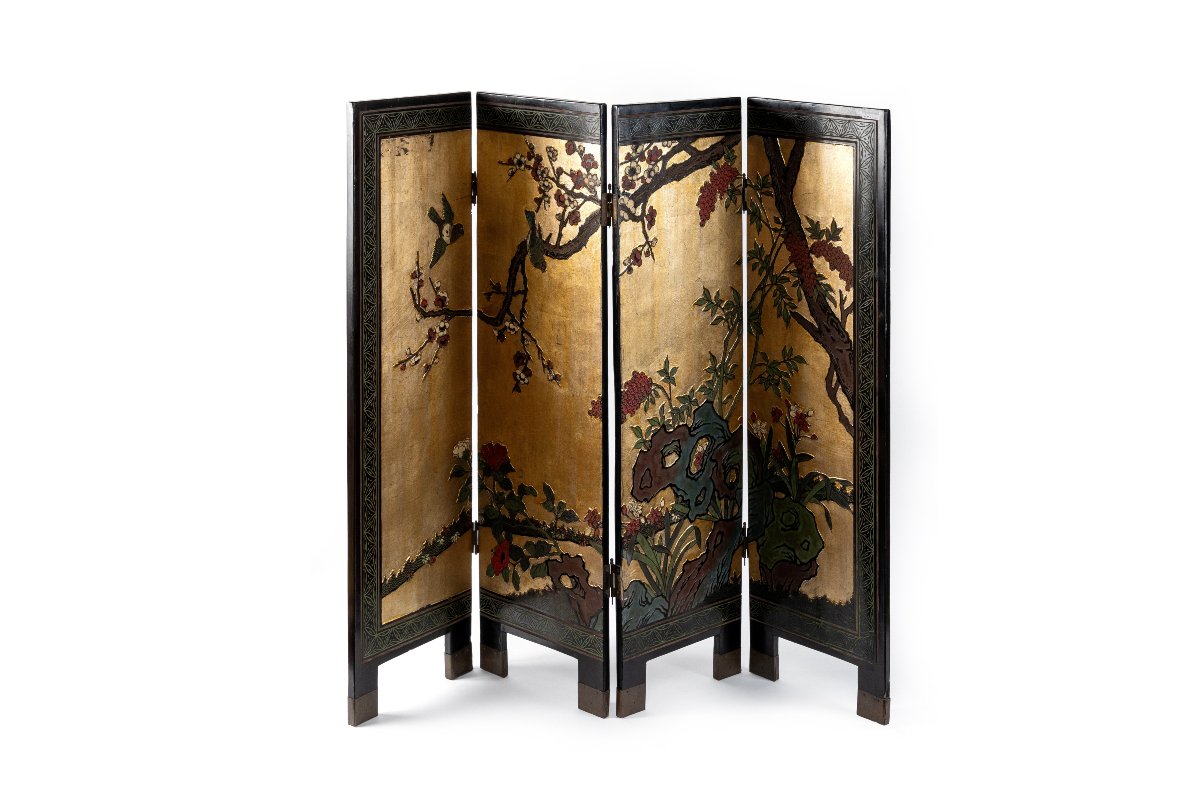 Petit paravent chinois en bois peint et sculpté, XXe siècle.-photo-4