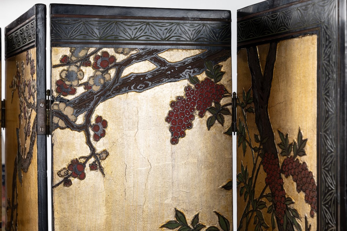 Petit paravent chinois en bois peint et sculpté, XXe siècle.-photo-2