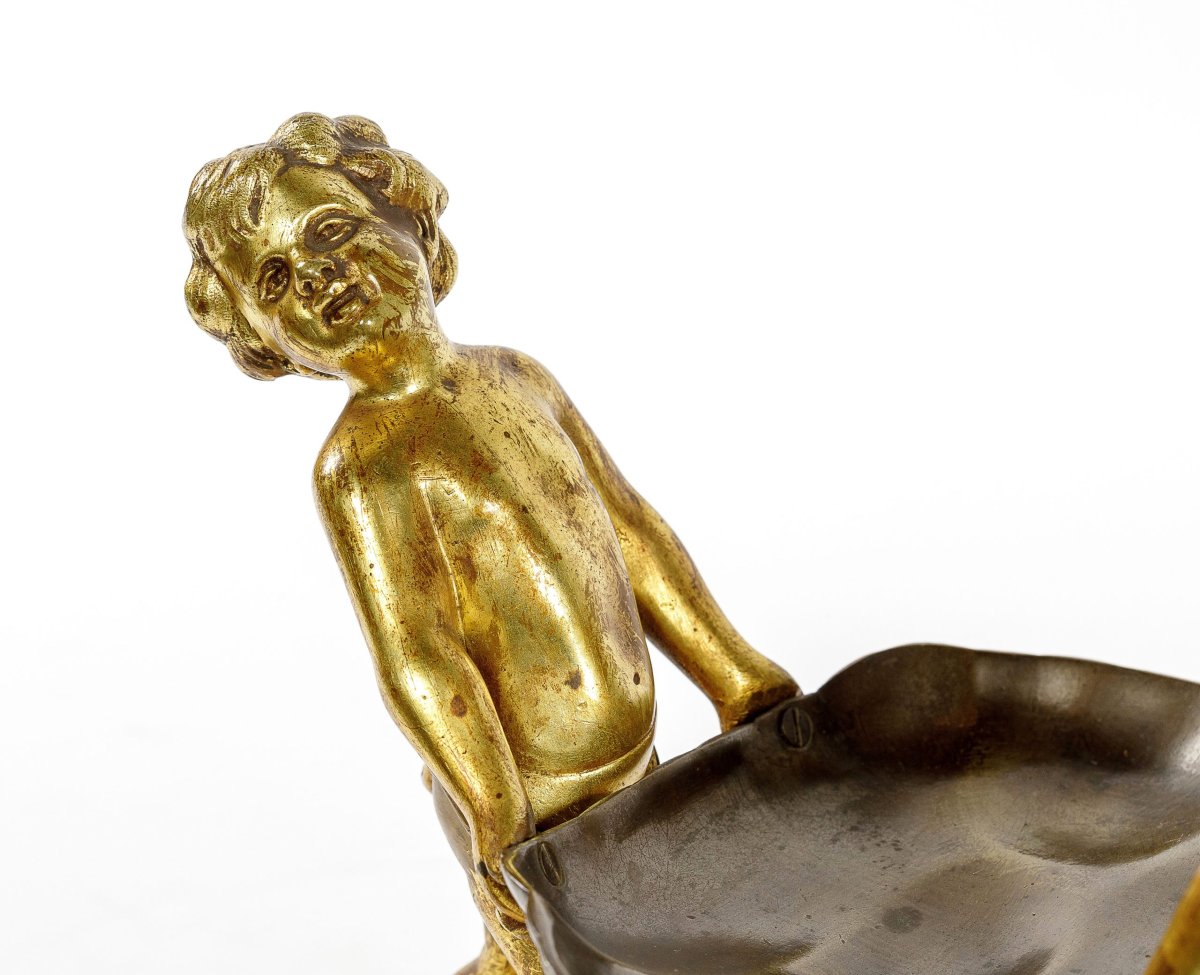 Gilded Bronze Sculpture Titled “children Carrying A Seashell.” Late 19th Century.-photo-2