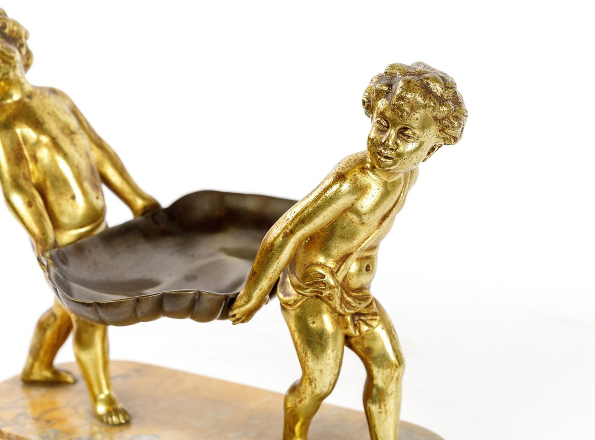 Gilded Bronze Sculpture Titled “children Carrying A Seashell.” Late 19th Century.-photo-3