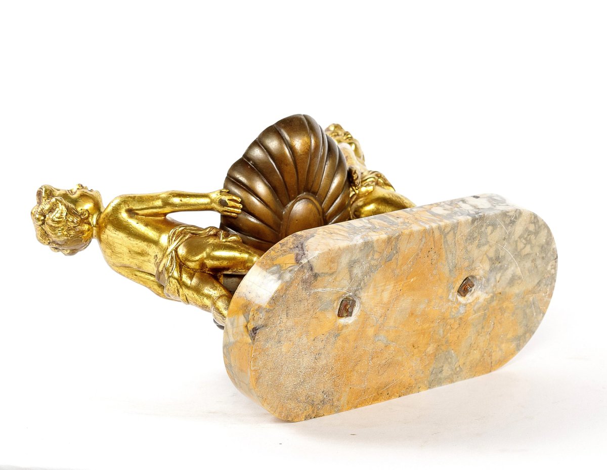 Gilded Bronze Sculpture Titled “children Carrying A Seashell.” Late 19th Century.-photo-4