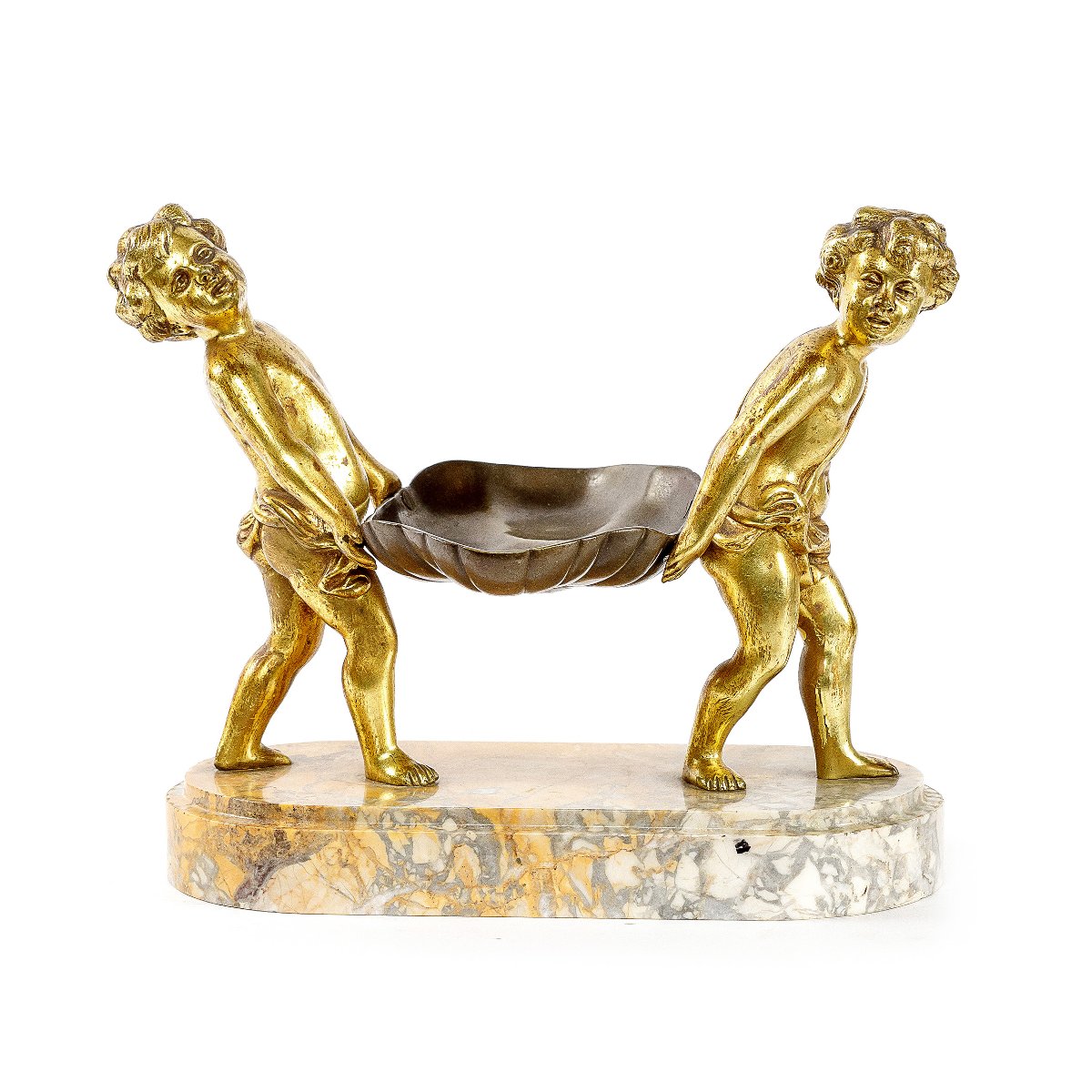 Gilded Bronze Sculpture Titled “children Carrying A Seashell.” Late 19th Century.