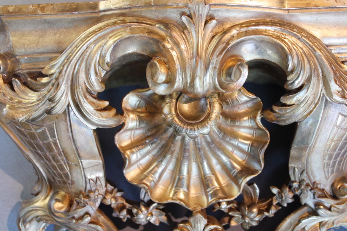 paire de grandes consoles murales en bois sculpte et dore de style Louis XV, 19eme-photo-2