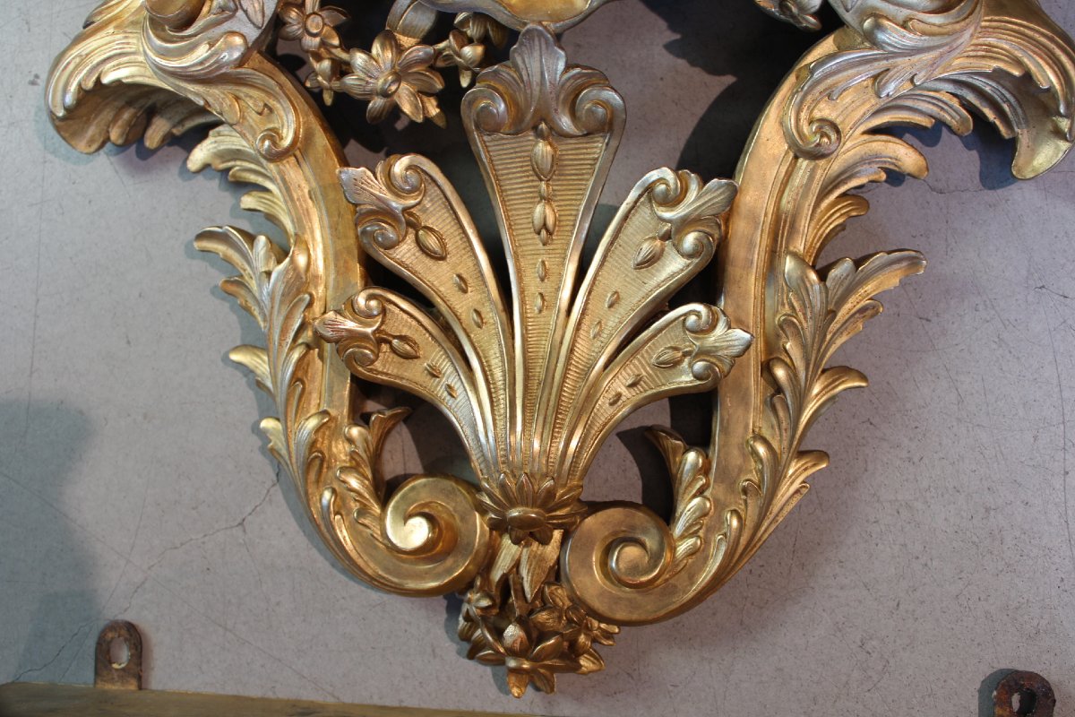paire de grandes consoles murales en bois sculpte et dore de style Louis XV, 19eme-photo-3