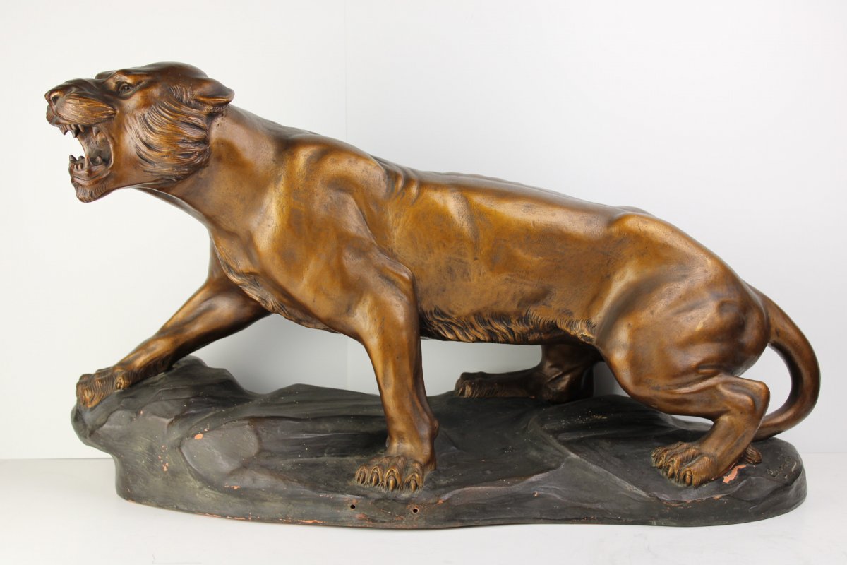 Tiger Sculpture In Terracotta Signed By R. Capaldo XXth