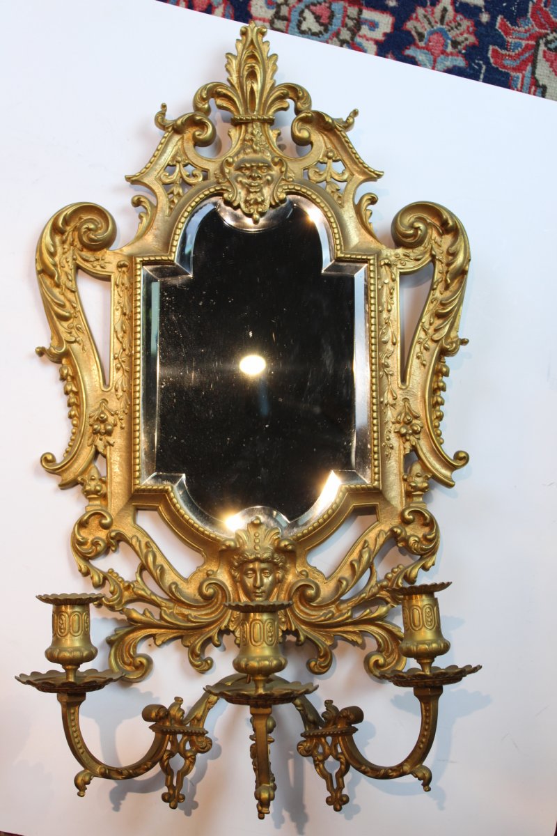 Pair Of Mirrors In Gilded Bronze With 3-light Candlesticks From Napoleon III Period-photo-4