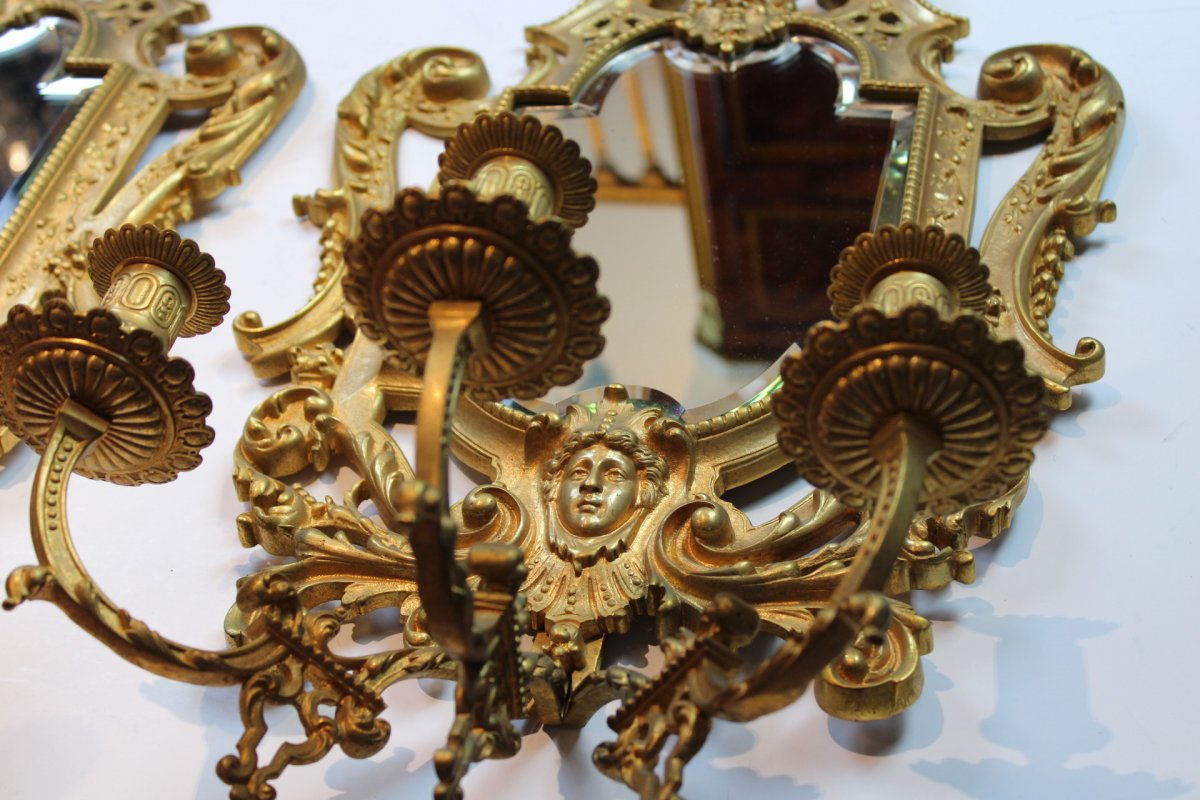 Pair Of Mirrors In Gilded Bronze With 3-light Candlesticks From Napoleon III Period-photo-2