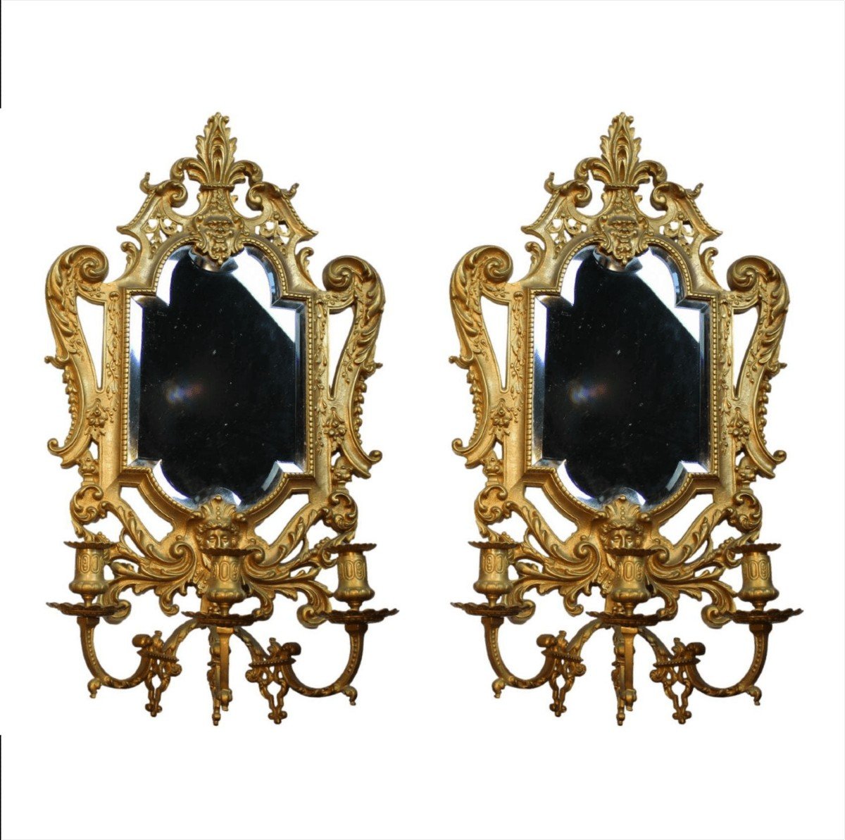Pair Of Mirrors In Gilded Bronze With 3-light Candlesticks From Napoleon III Period