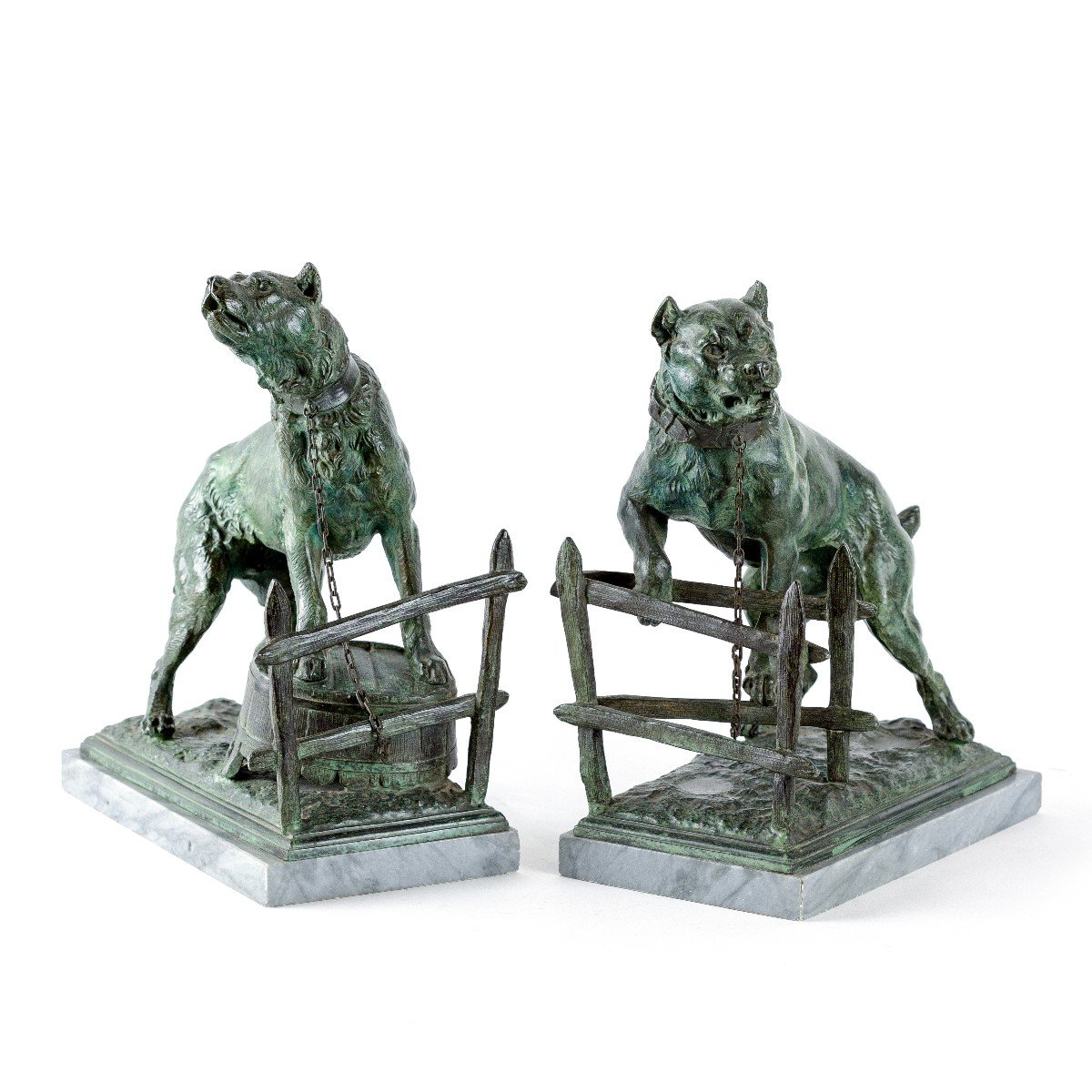 Paire De Sculptures Des Chiens Porte-livres En Regule Patine Vert Fin 19eme-photo-2