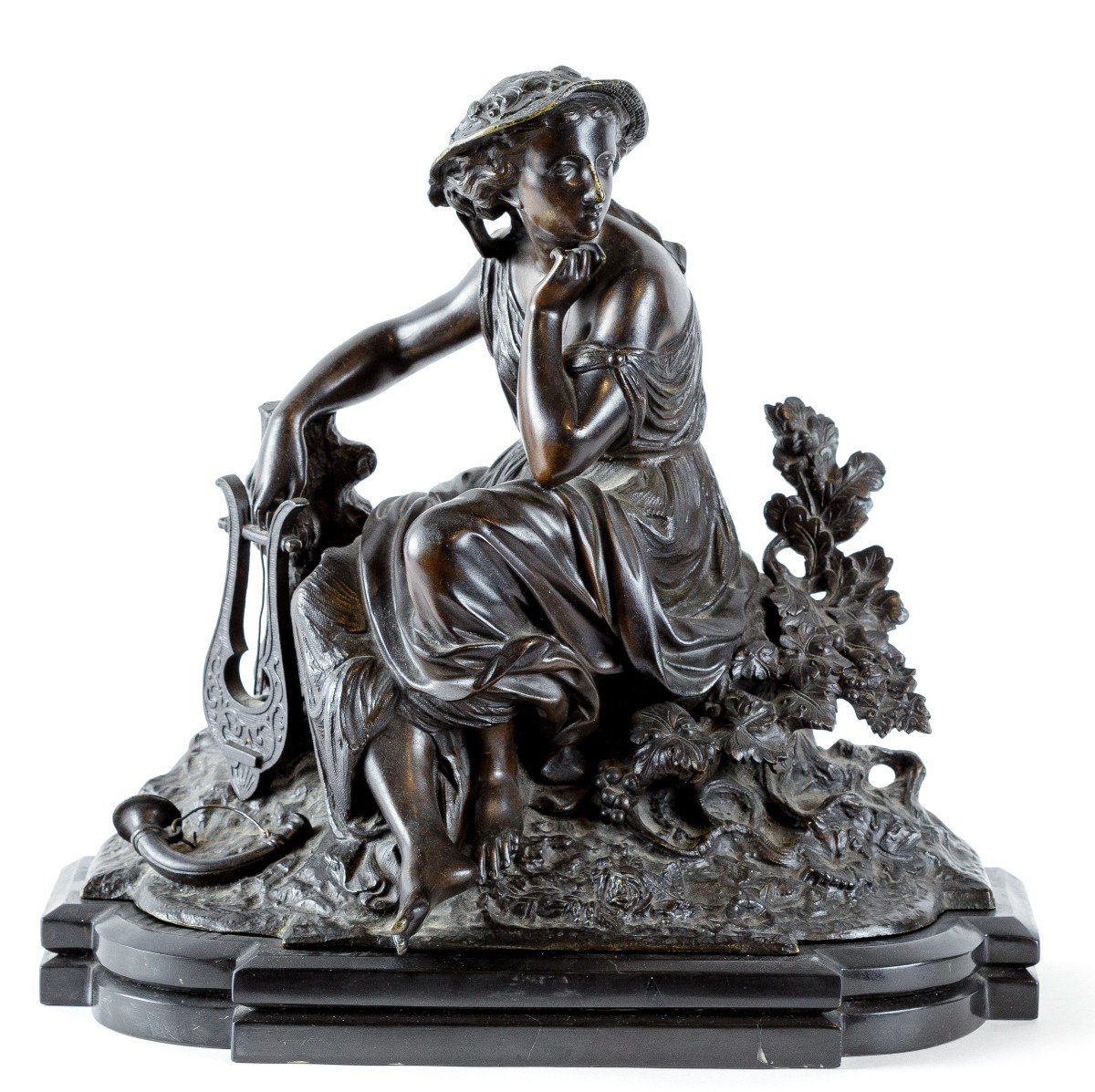 Sculpture En Bronze d'Une Jeune Femme Musicienne 19eme