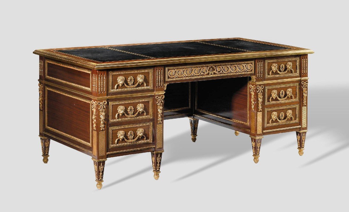 Louis XVI Style Gilt Bronze Mounted Mahogany Pedestal Desk