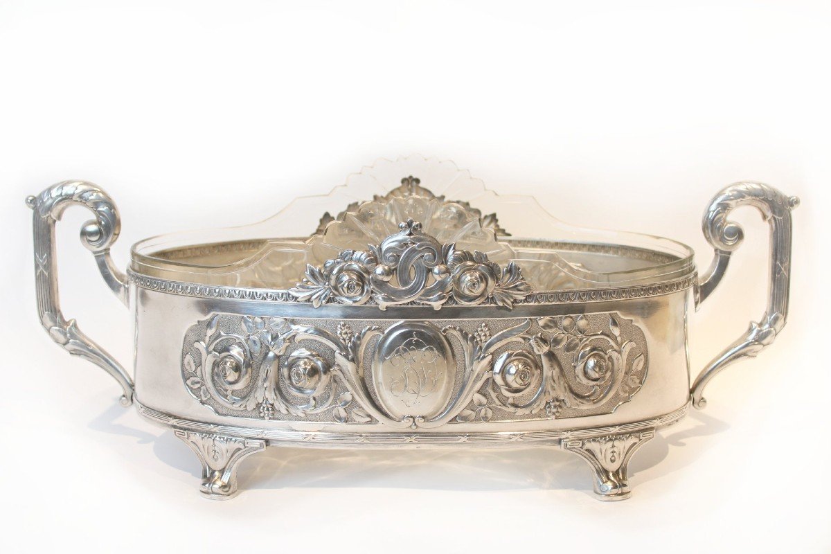 Silverplated Bronze Jardiniere With Cut Crystal On Mirror Tray, 19th Century, France-photo-3