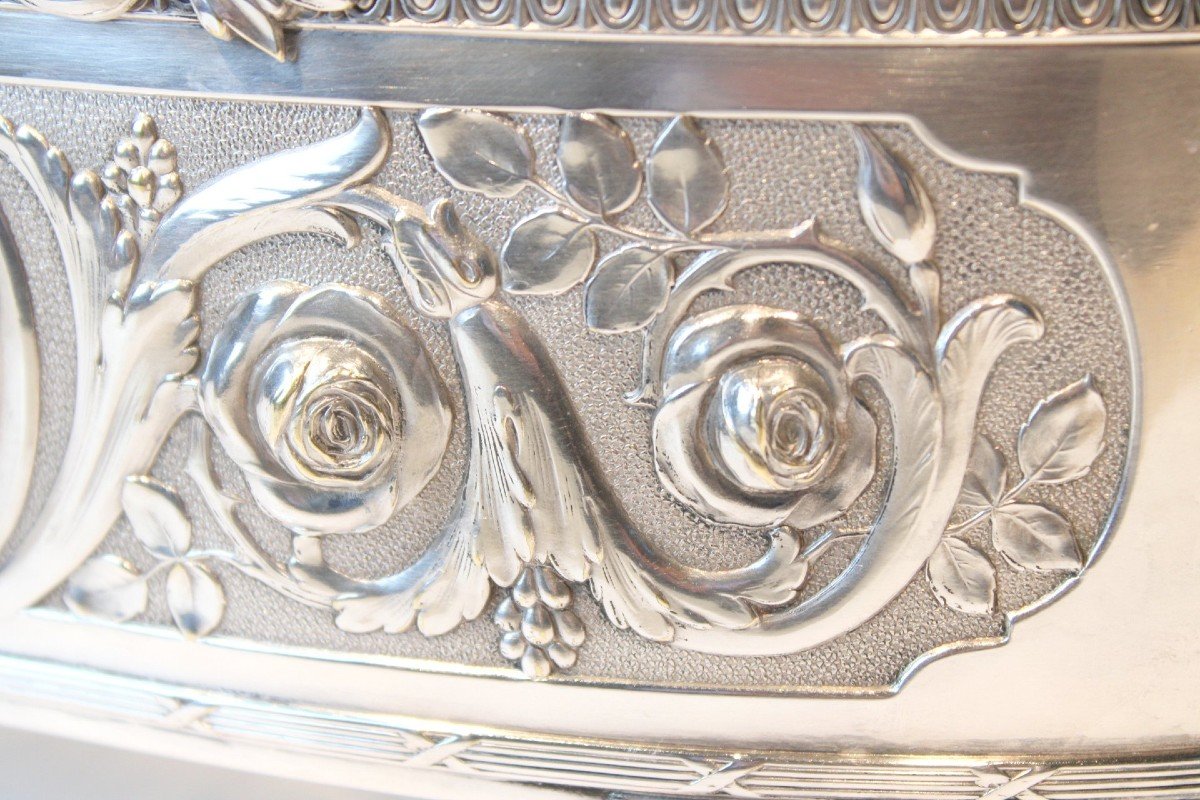 Silverplated Bronze Jardiniere With Cut Crystal On Mirror Tray, 19th Century, France-photo-6