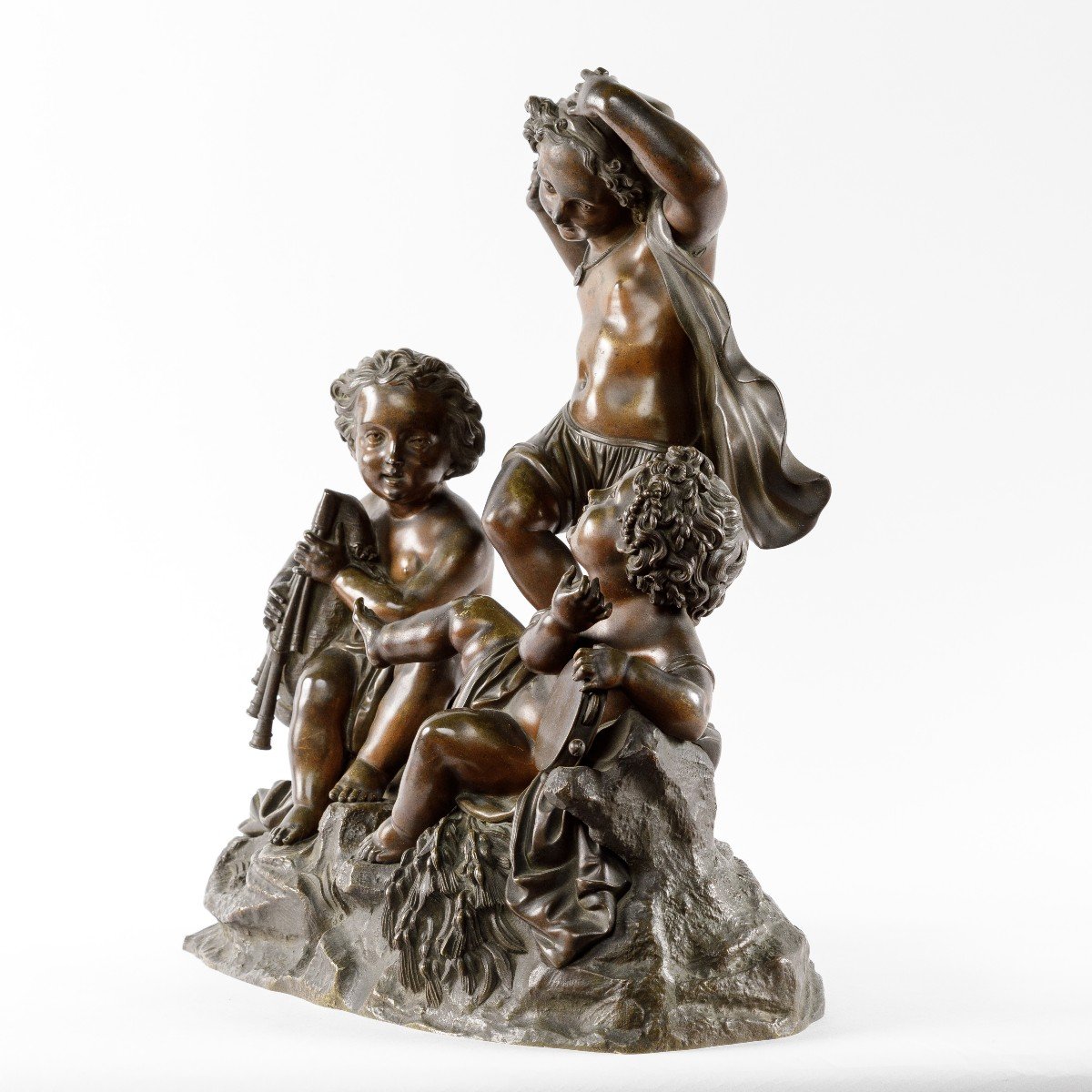 Sculpture En Bronze  19eme Trois Enfants Musiciens-photo-2