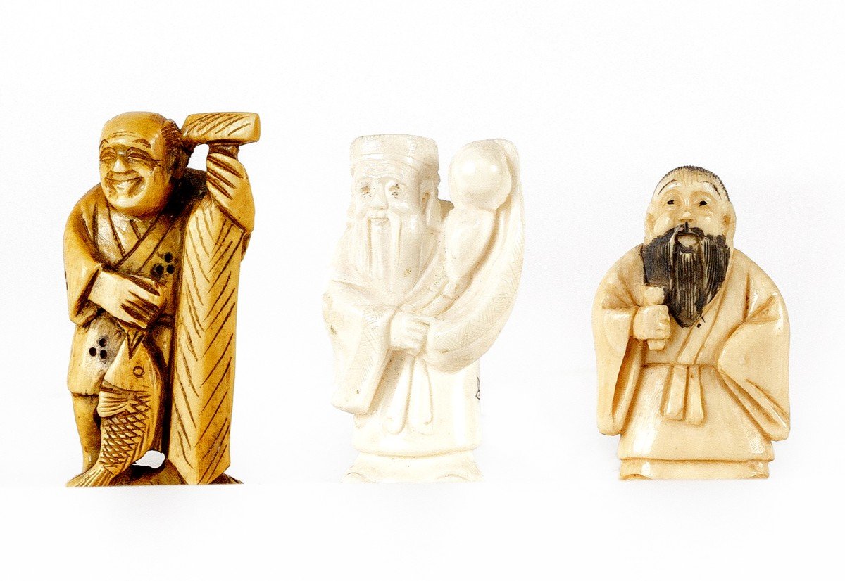 Serie de Six Sculptures Netsuke Japon En Ivoire -photo-1
