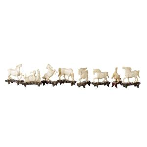 Serie Of 8 Chinese  Ivory Horses Sculptures 
