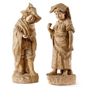 Pair Of Terracotta Sculptures "italian Children", Late  19th Century