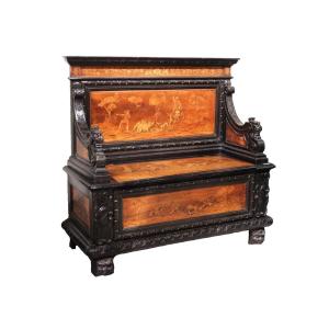 Renaissance Style Chest Bench In Marquetry 19th