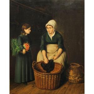 19th Century Painting "mother And Her Little Daughter" Signed J.j. Berkman, Year 1820