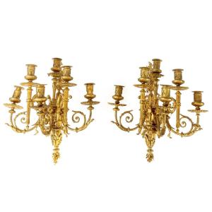 Pair Of 19th Century Gilt Bronze Wall Lights For 6 Candles