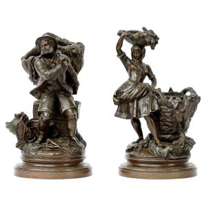 Paire De Sculptures 19eme En Bronze  "la Famille De Pêcheurs"