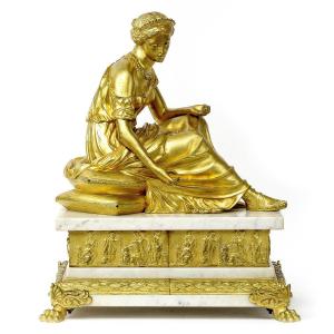 Gilt Bronze Sculpture Of Antique Seated Woman, 19th C., Signed A. Habert