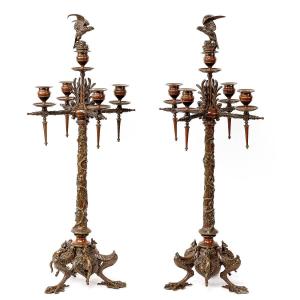 Pair Of Bronze Candlesticks, 19th C.  Signed J. Moigniez