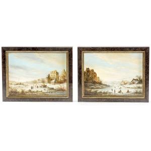 Paire De Petite Tableaux Anciens Hollandaise Huile Sur Bois 