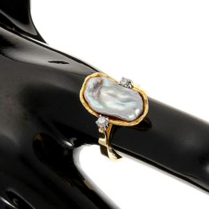 Bague En Or 14k Avec Perle Baroque  Et Sertie De Diamants Taille Brillant