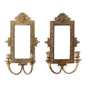 Pair Of Bronze Wall Lights With Mirrors, Late 19th Century 
