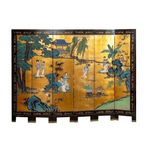 Chinese Six-panel Gold Leaf Screen Depicting A Landscape 