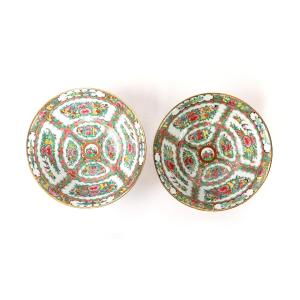 Pair Of Chinese Painted Canton Porcelain Flat Bowls 