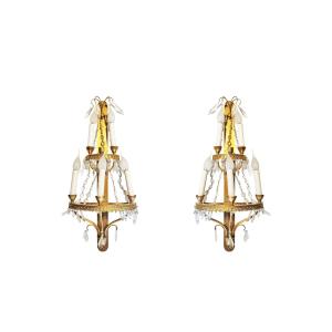 Paire d'Appliques A 5 Lumieres En Bronze et Cristals