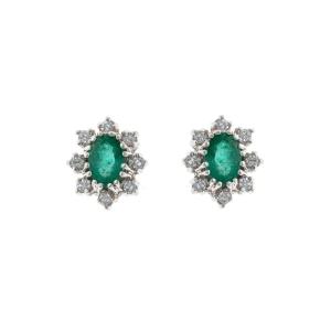 14k White Gold Earrings Set With Diamonds And Emeralds. 20th Century.
